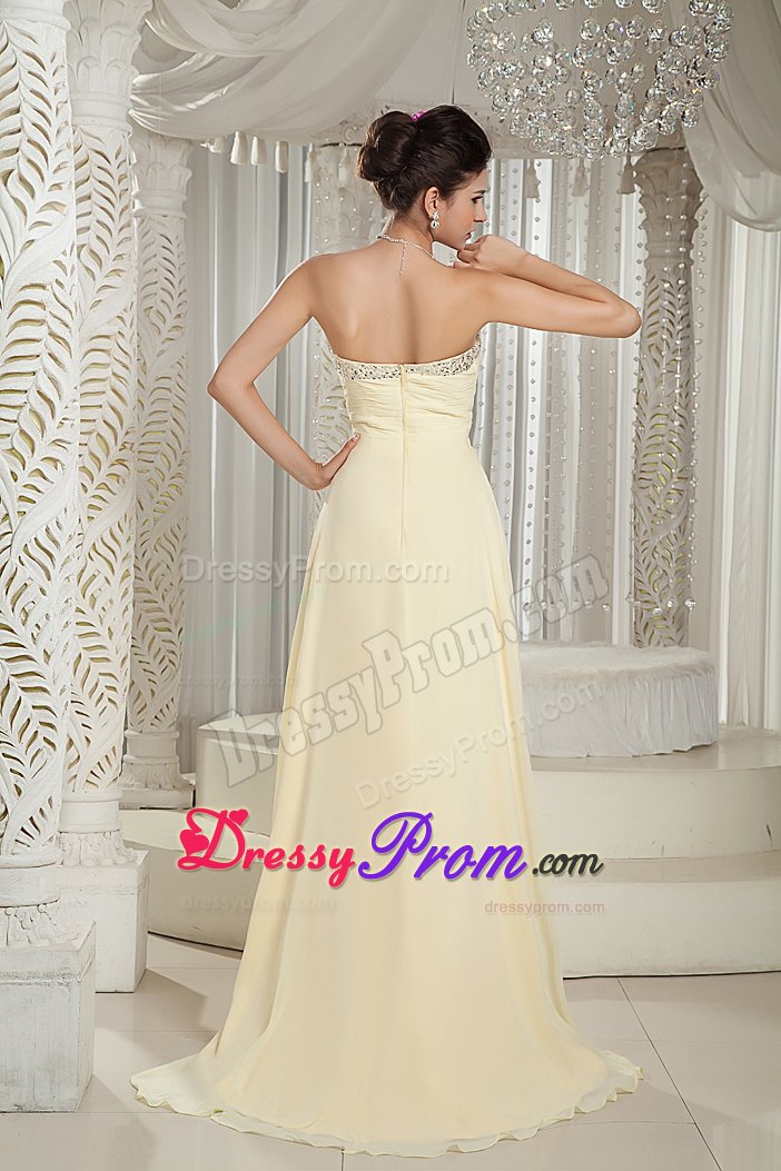 Fast Delivery Light Yellow Beaded Brush Train Prom Dress