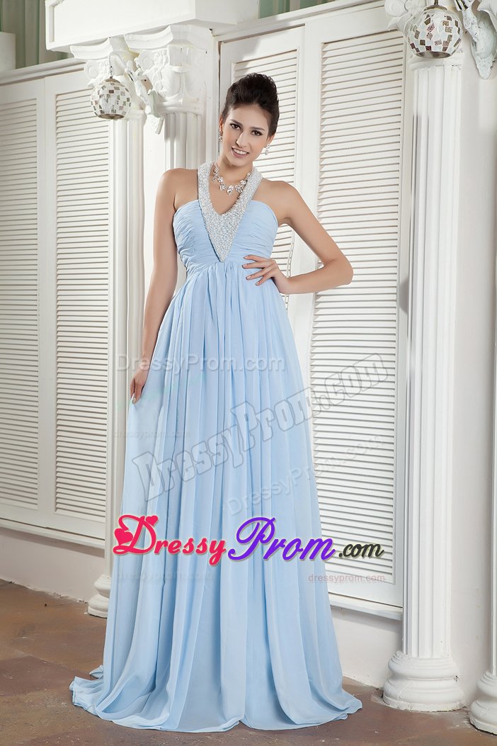 Custom Made Halter Beaded Baby Blue Prom Dress for Women