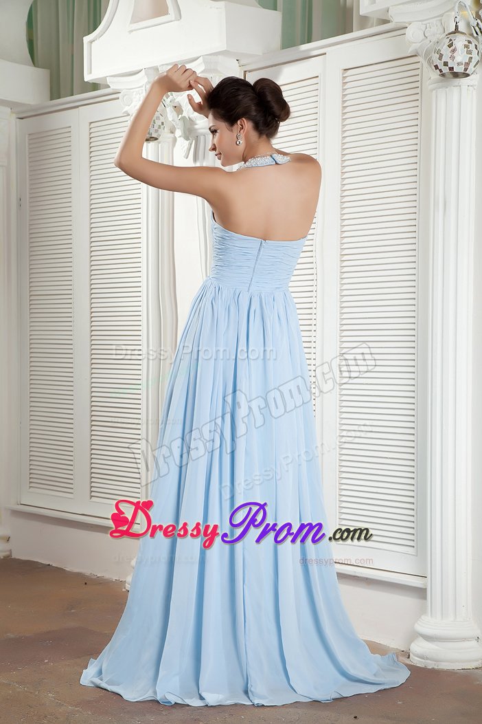 Custom Made Halter Beaded Baby Blue Prom Dress for Women