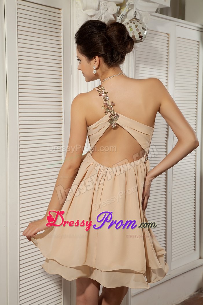 Champagne Appliqued One Shoulder Mini Prom Holiday Dresses