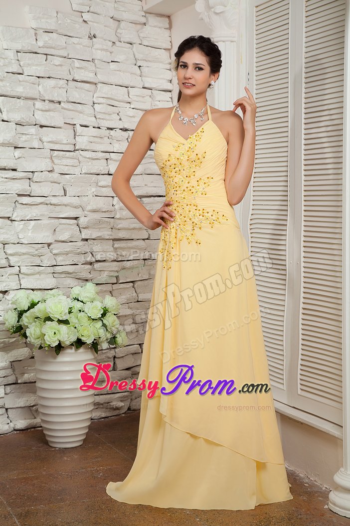 Halter top Chiffon Light Yellow Appliqued Dresses for Prom