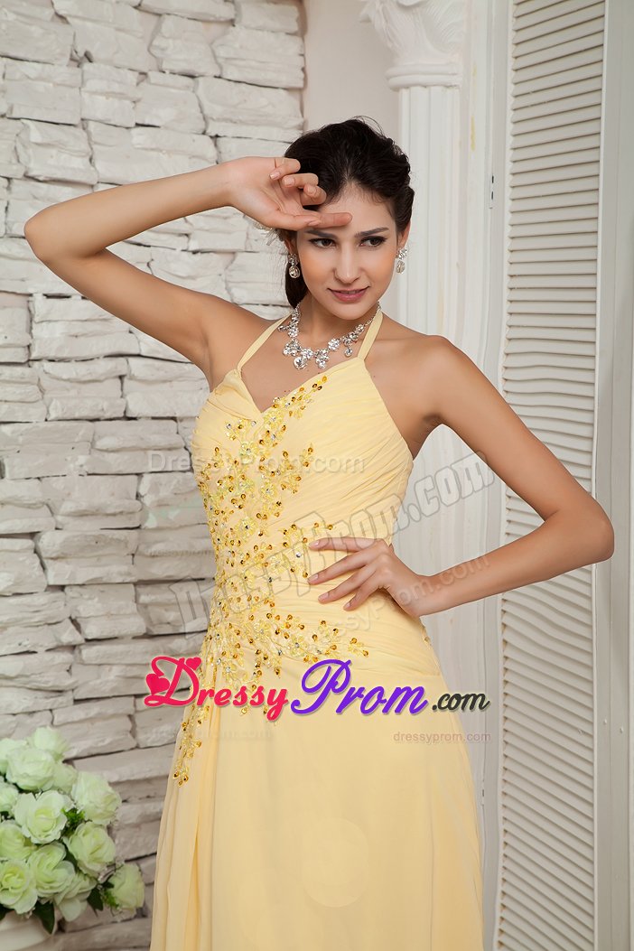 Halter top Chiffon Light Yellow Appliqued Dresses for Prom