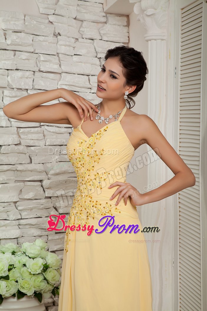 Halter top Chiffon Light Yellow Appliqued Dresses for Prom