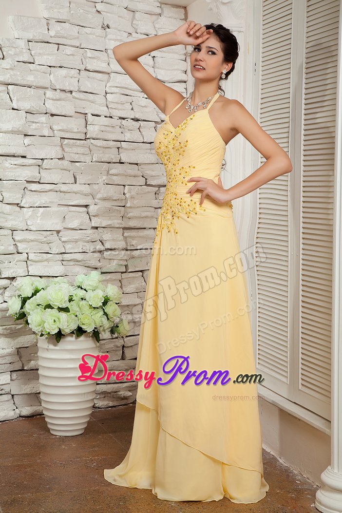 Halter top Chiffon Light Yellow Appliqued Dresses for Prom