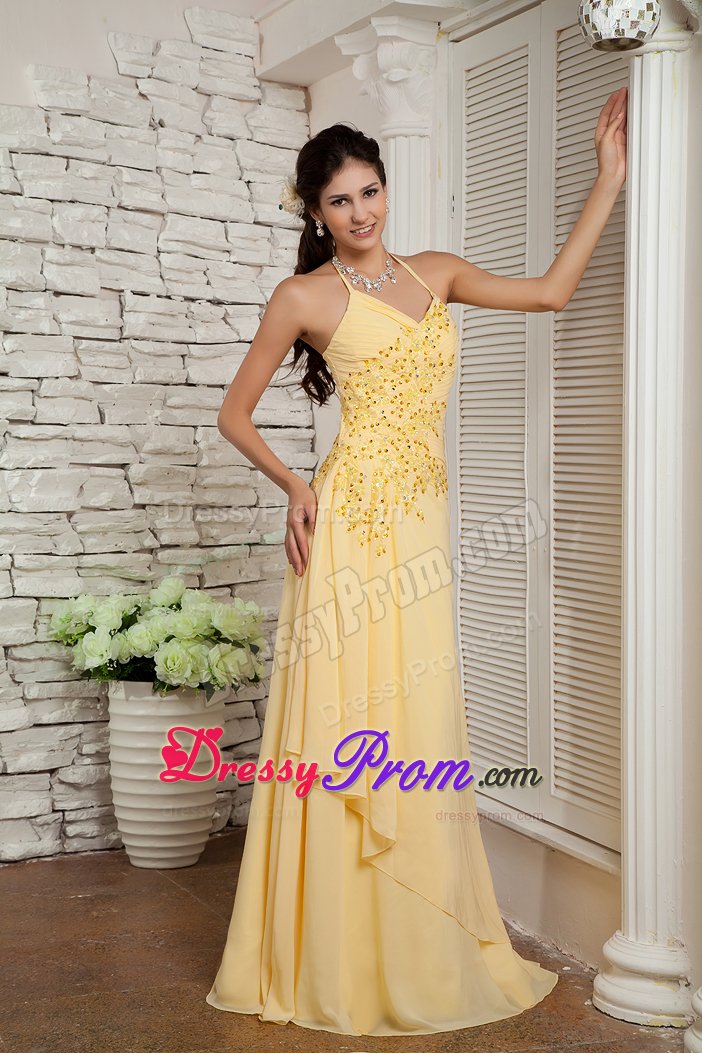 Halter top Chiffon Light Yellow Appliqued Dresses for Prom