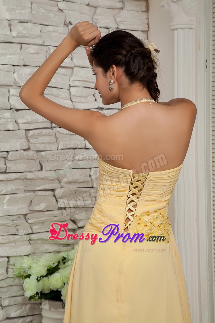 Halter top Chiffon Light Yellow Appliqued Dresses for Prom