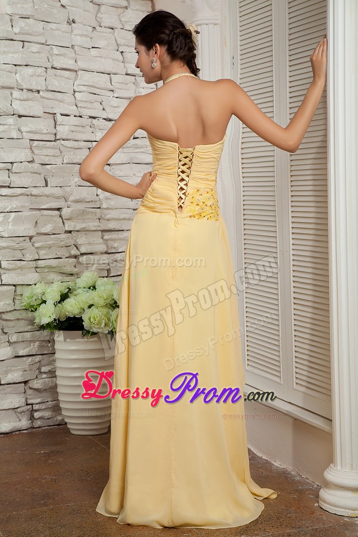 Halter top Chiffon Light Yellow Appliqued Dresses for Prom