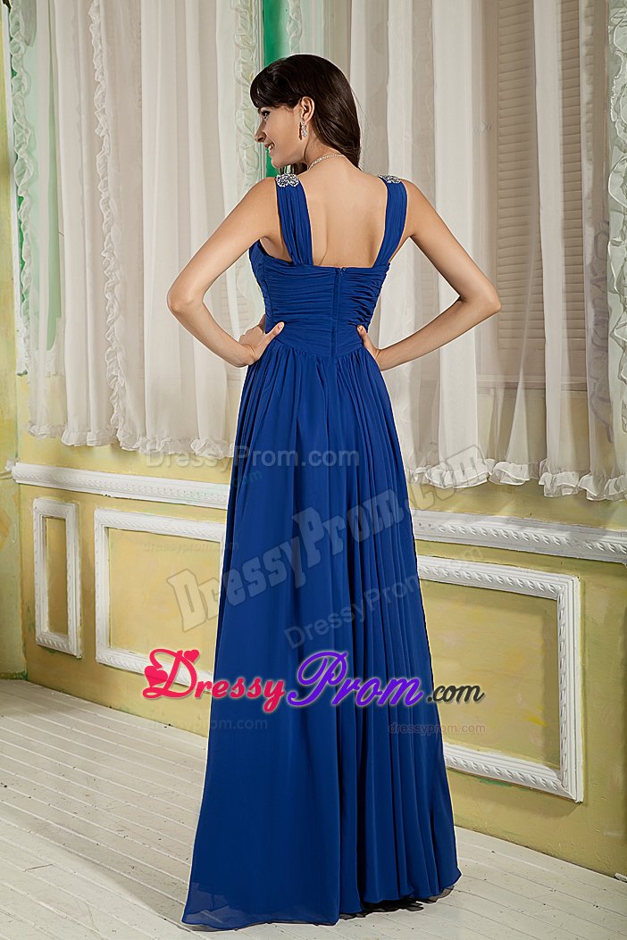 V-neck Peacock Blue Prom Party Dress with Beading and Ruche