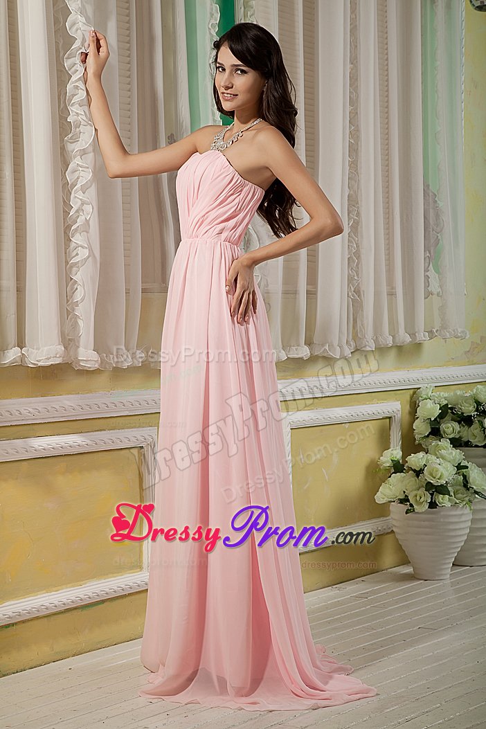 Modernistic Empire Brush Train Ruched Baby Pink Prom Dress