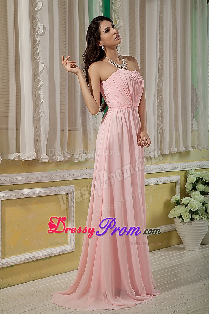 Modernistic Empire Brush Train Ruched Baby Pink Prom Dress