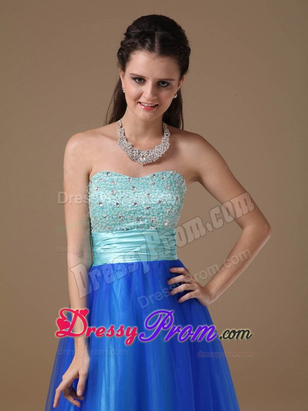 Beaded and Ruched Bodice Blue A-line Prom Nightclub Dresses 2014
