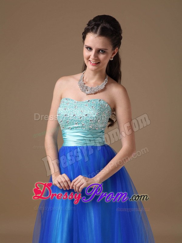 Beaded and Ruched Bodice Blue A-line Prom Nightclub Dresses 2014