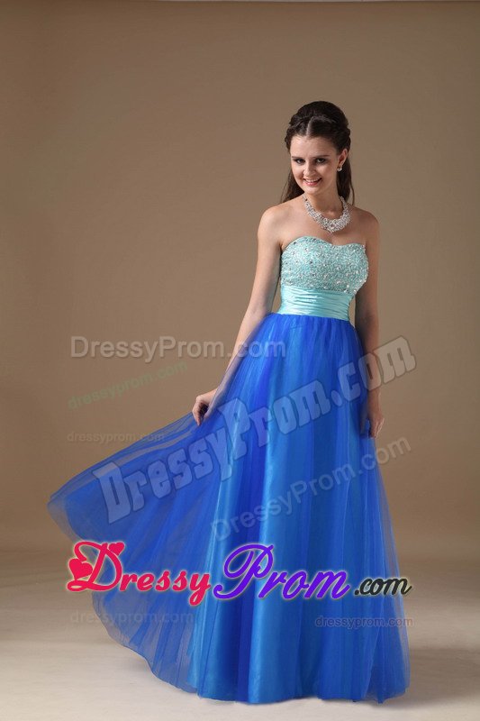 Beaded and Ruched Bodice Blue A-line Prom Nightclub Dresses 2014