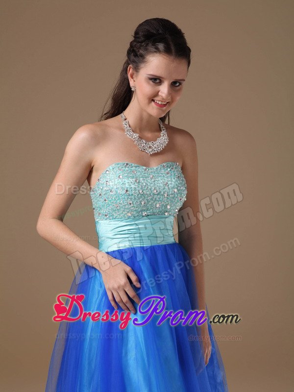 Beaded and Ruched Bodice Blue A-line Prom Nightclub Dresses 2014