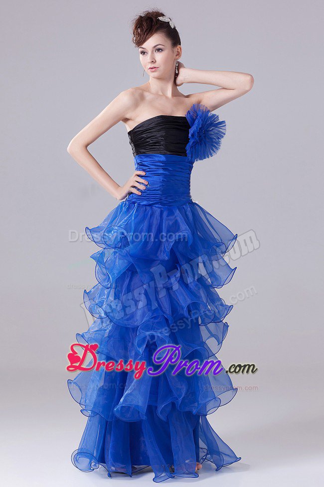 Strapless Ruched Royal Blue Prom Party Dress with Ruffled Layers