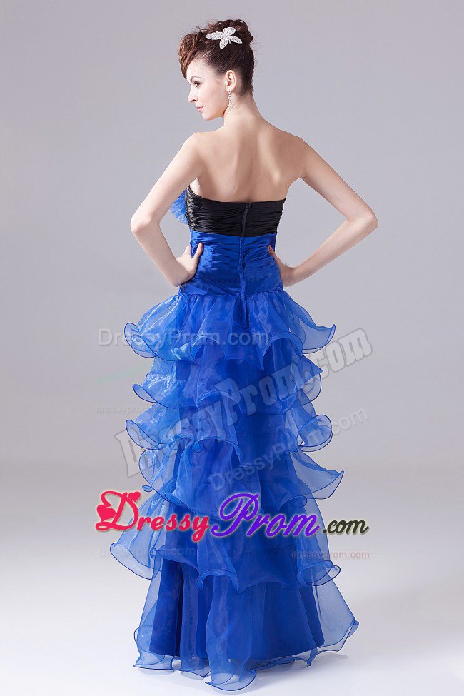 Strapless Ruched Royal Blue Prom Party Dress with Ruffled Layers