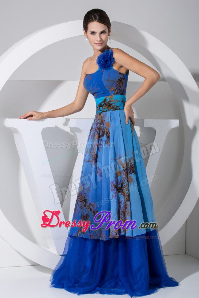 One Shoulder Printing Blue Prom Dress for Girls Brush Train