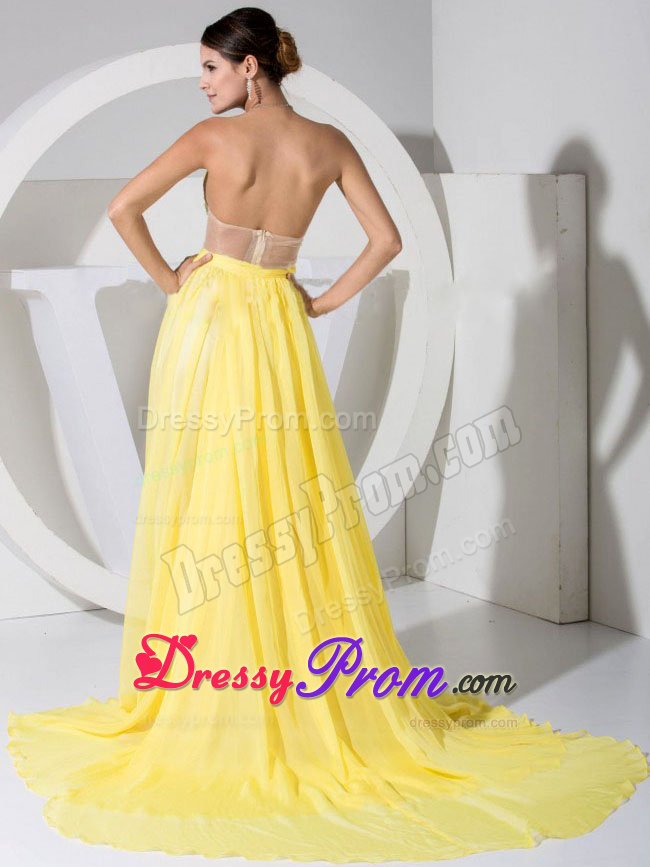 Dreamy Chiffon Brush Train Yellow Sweetheart Prom Party Dress