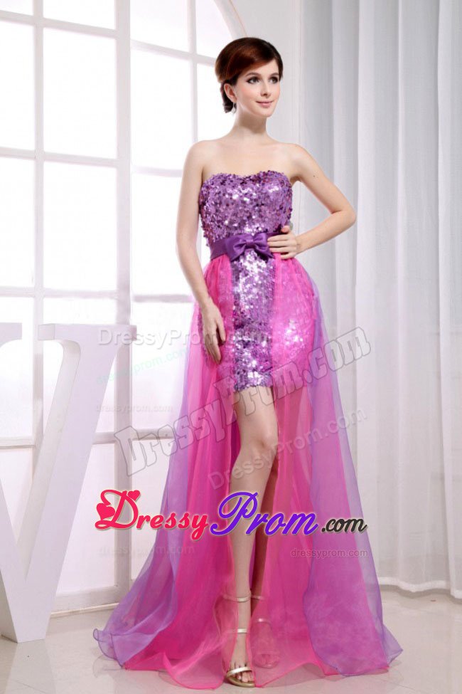 Organza Sequins Purple And Hot Pink Prom Dress with Bowknot