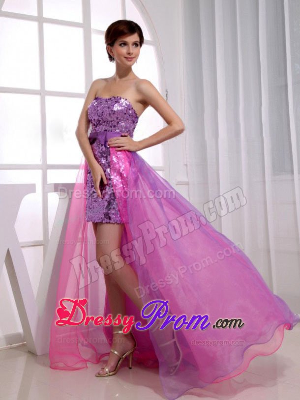 Organza Sequins Purple And Hot Pink Prom Dress with Bowknot