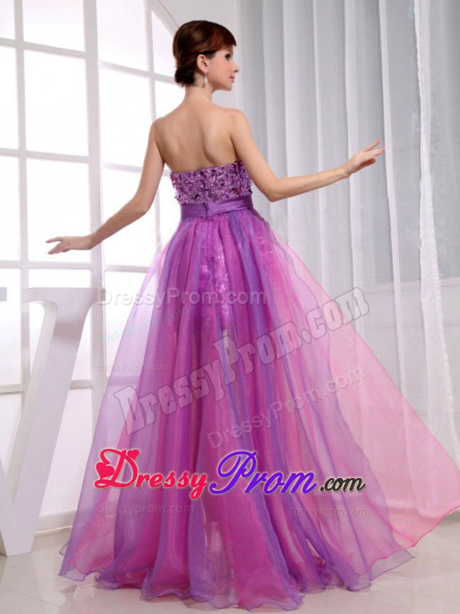 Organza Sequins Purple And Hot Pink Prom Dress with Bowknot