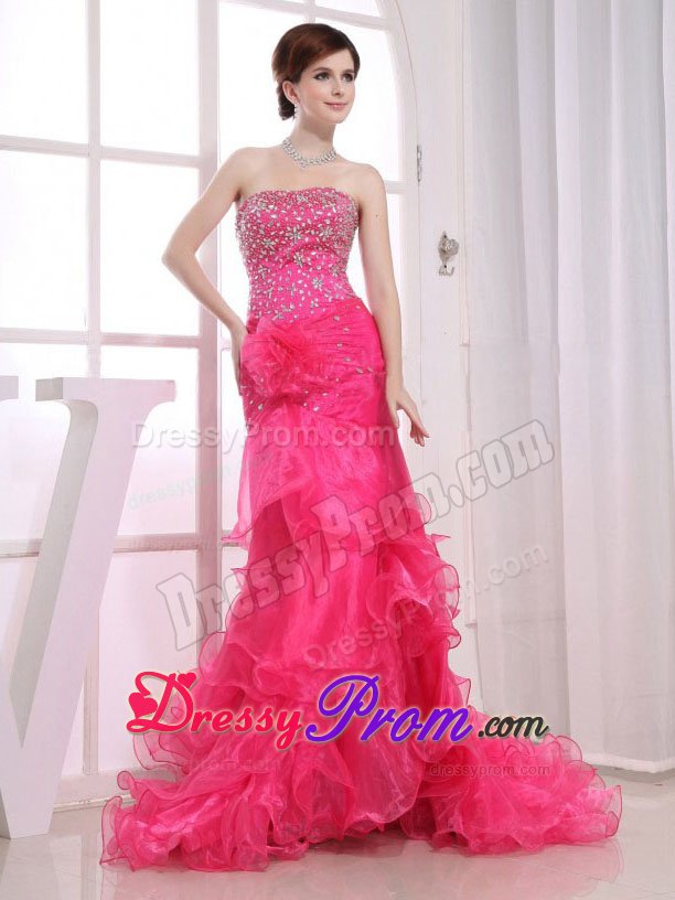 Cute Strapless Beaded Hot Pink Prom Dress with Ruffled Layers