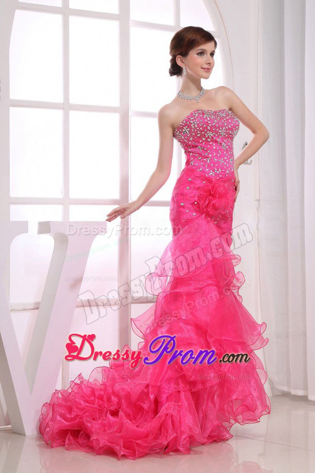 Cute Strapless Beaded Hot Pink Prom Dress with Ruffled Layers