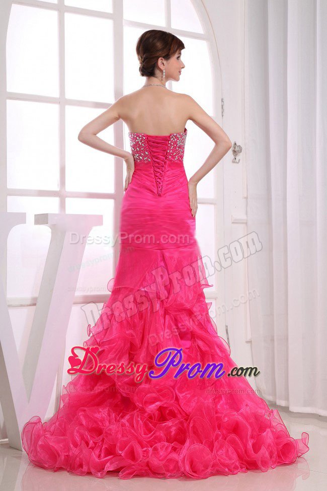 Cute Strapless Beaded Hot Pink Prom Dress with Ruffled Layers