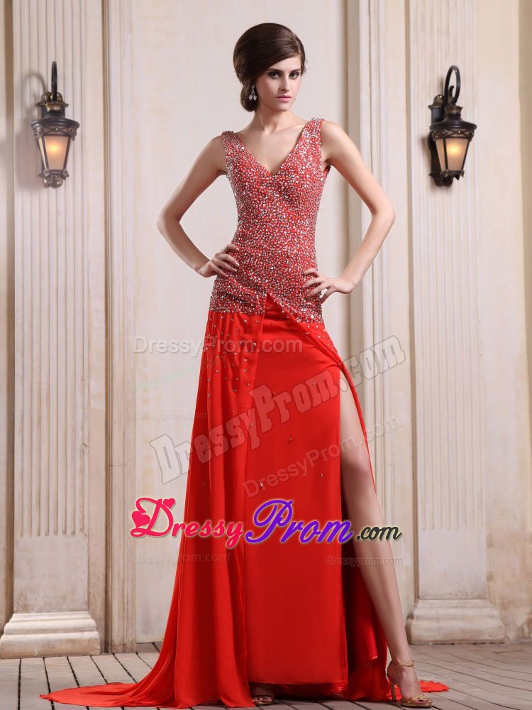 2014 New V-neck Beaded Slitted Red Prom Homecoming Dress