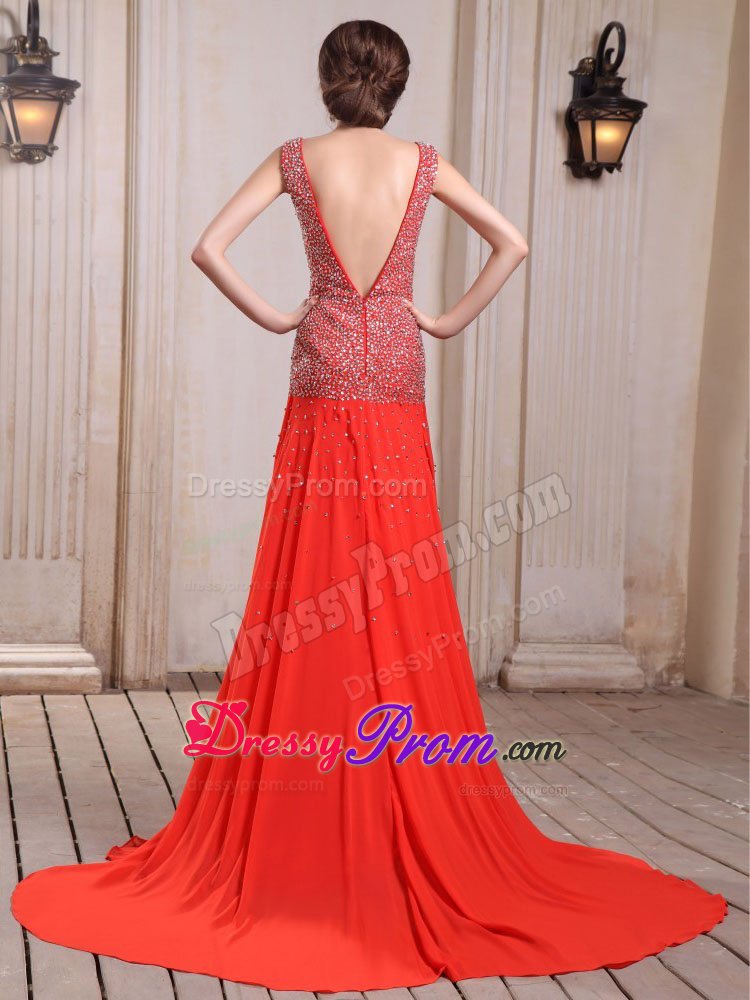 2014 New V-neck Beaded Slitted Red Prom Homecoming Dress