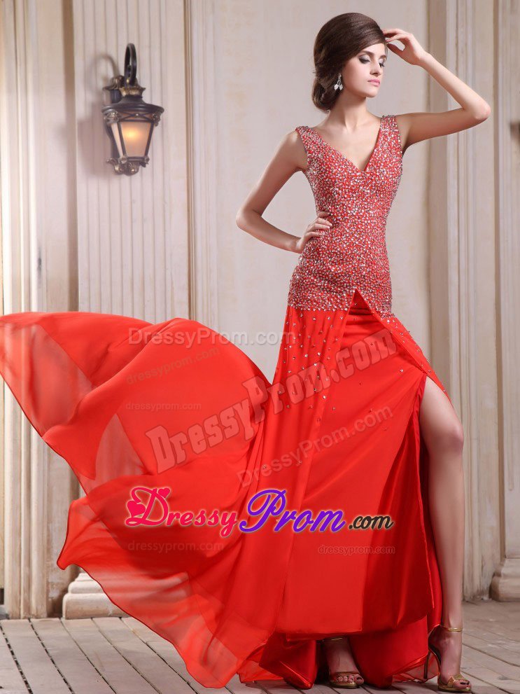 2014 New V-neck Beaded Slitted Red Prom Homecoming Dress