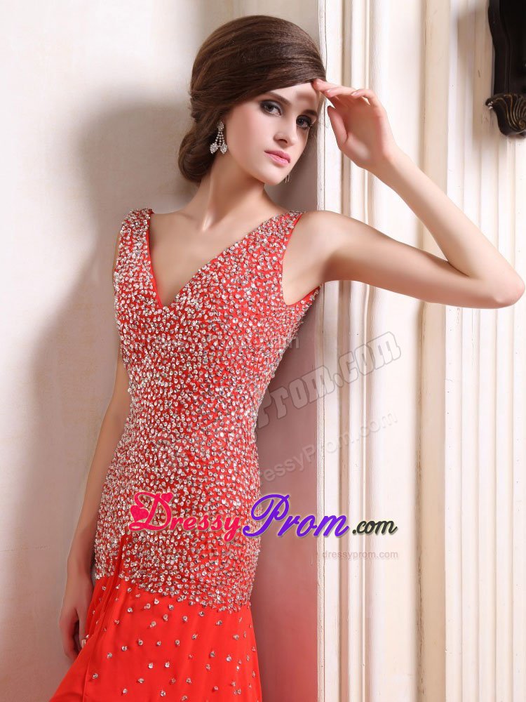 2014 New V-neck Beaded Slitted Red Prom Homecoming Dress