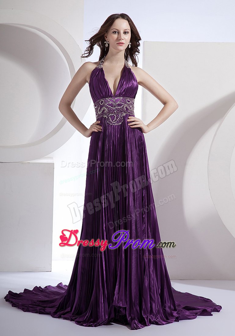 Halter Beaded Pleated Prom Evening Dress in Purple Brush Train