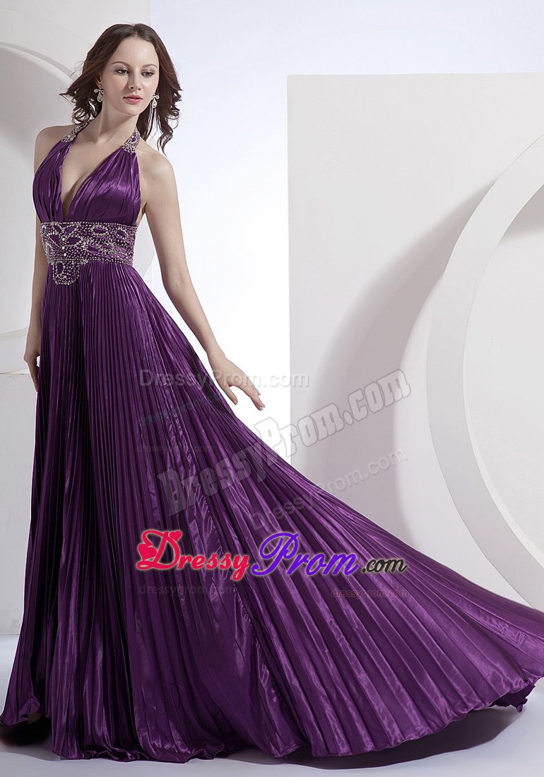 Halter Beaded Pleated Prom Evening Dress in Purple Brush Train