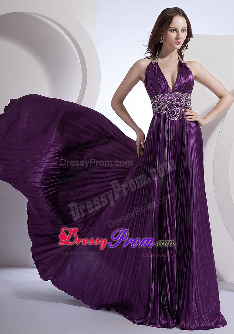Halter Beaded Pleated Prom Evening Dress in Purple Brush Train