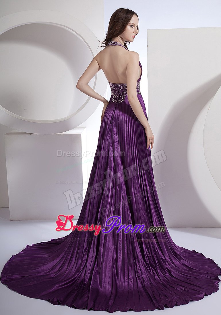 Halter Beaded Pleated Prom Evening Dress in Purple Brush Train