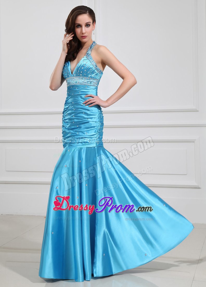 Beaded and Ruched Blue Halter Prom Cocktail Dress of Floor Length