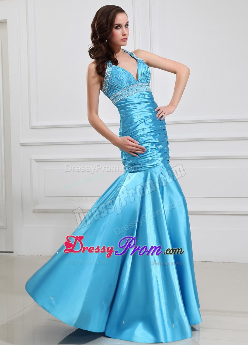Beaded and Ruched Blue Halter Prom Cocktail Dress of Floor Length