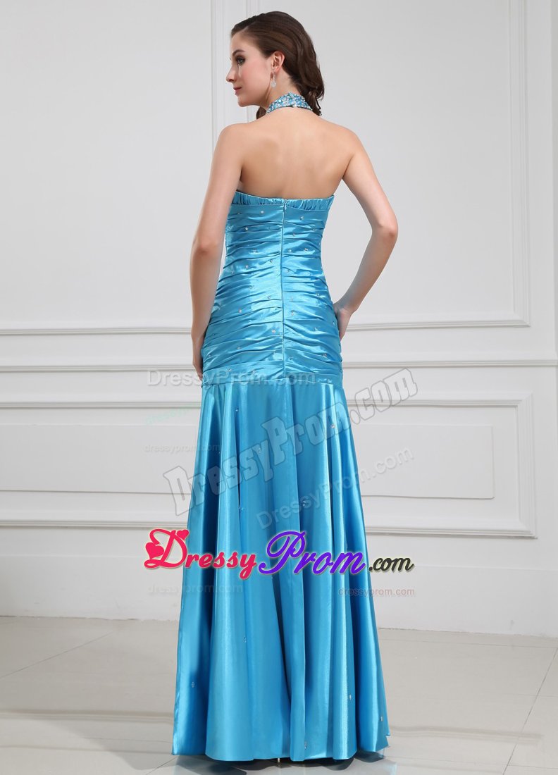 Beaded and Ruched Blue Halter Prom Cocktail Dress of Floor Length