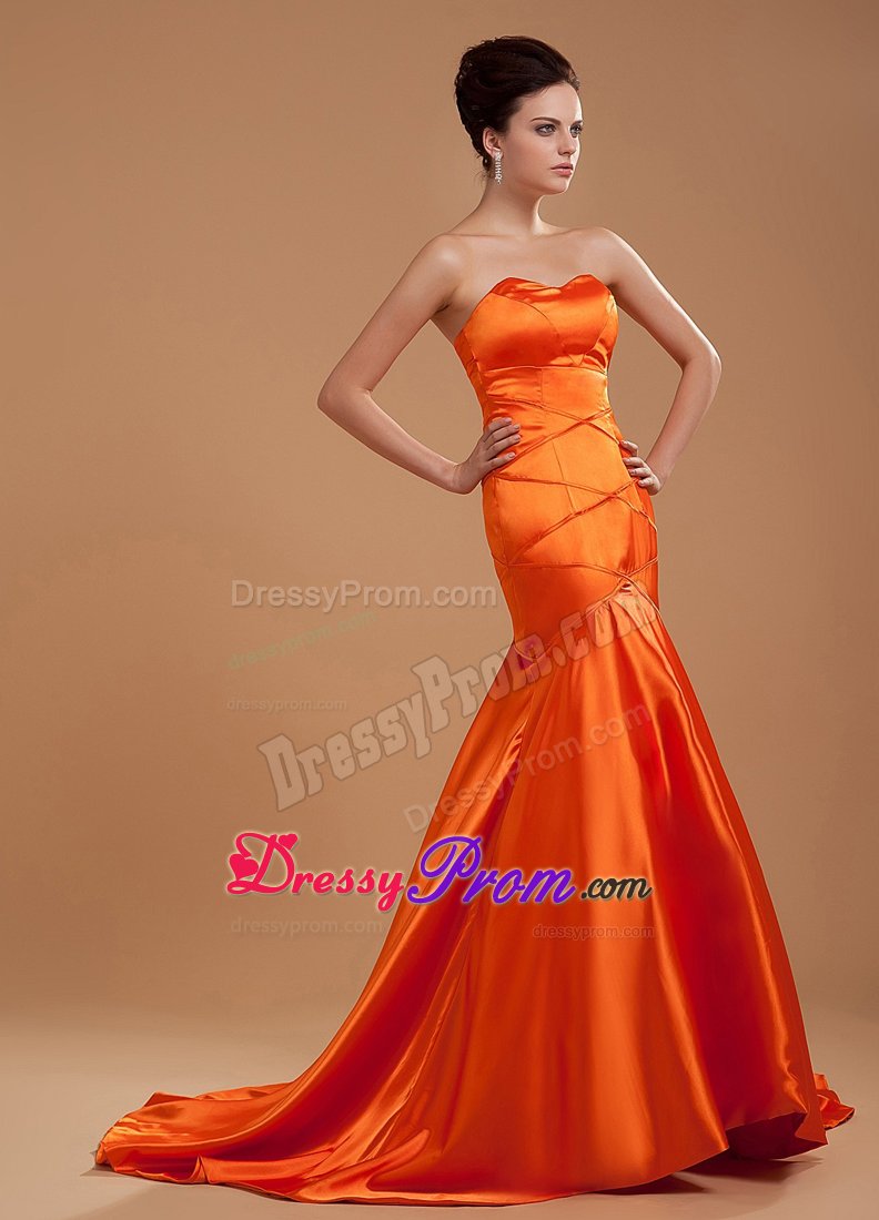 Mermaid Sweetheart Brush Train Orange Red Prom Dress