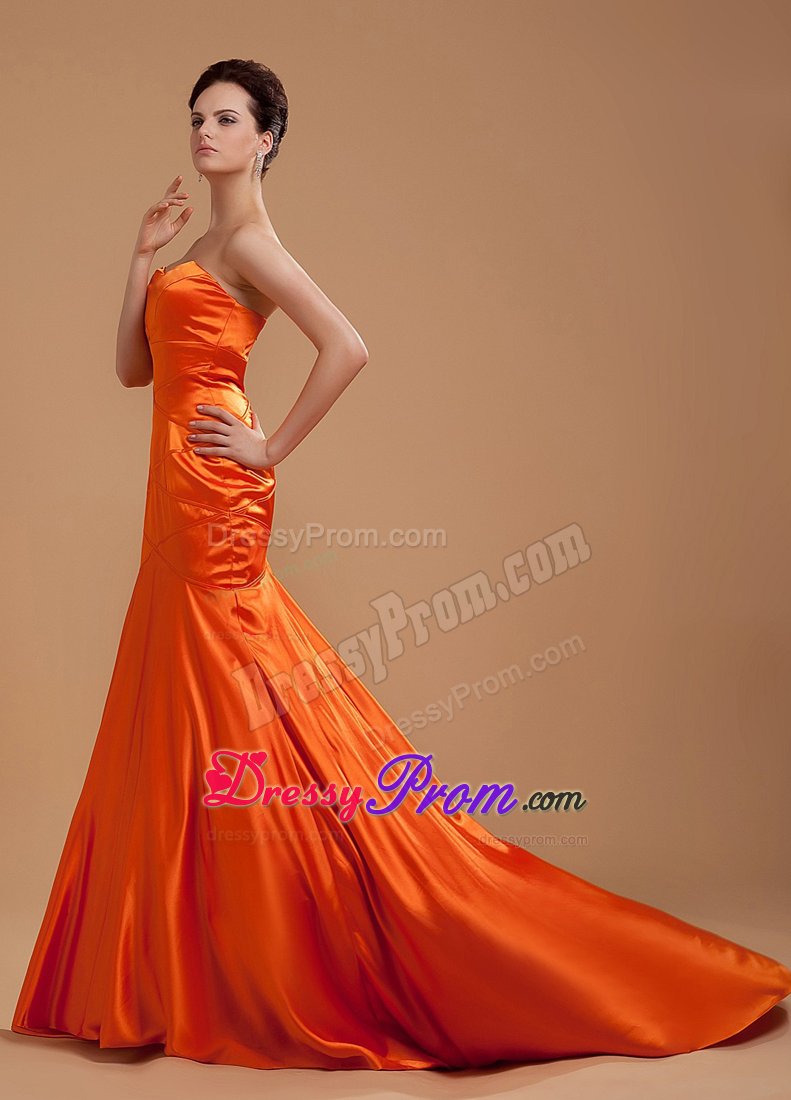 Mermaid Sweetheart Brush Train Orange Red Prom Dress