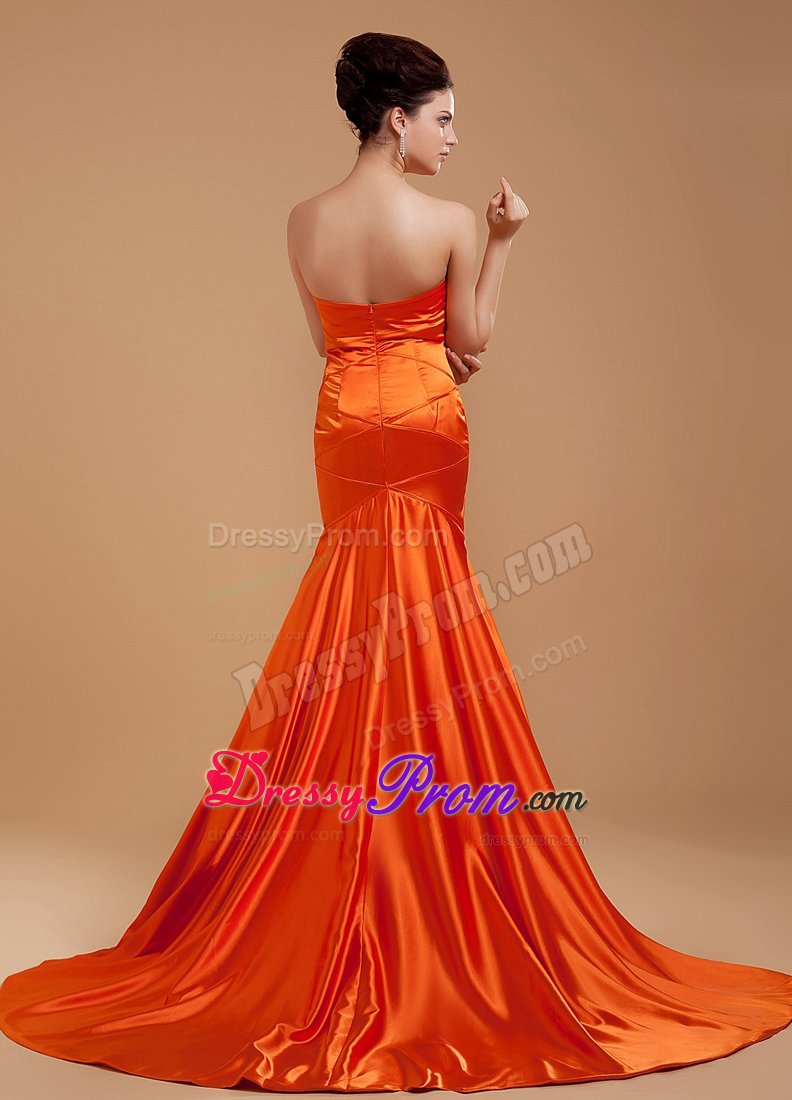 Mermaid Sweetheart Brush Train Orange Red Prom Dress