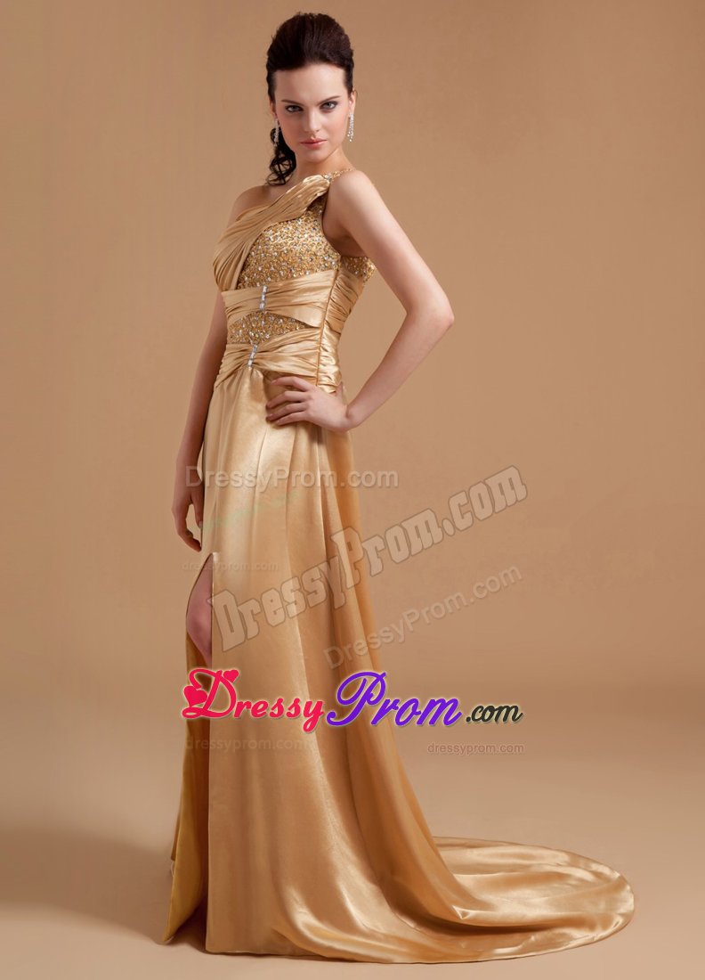 One Shoulder Beaded Slitted Champagne Prom Dress for Girls