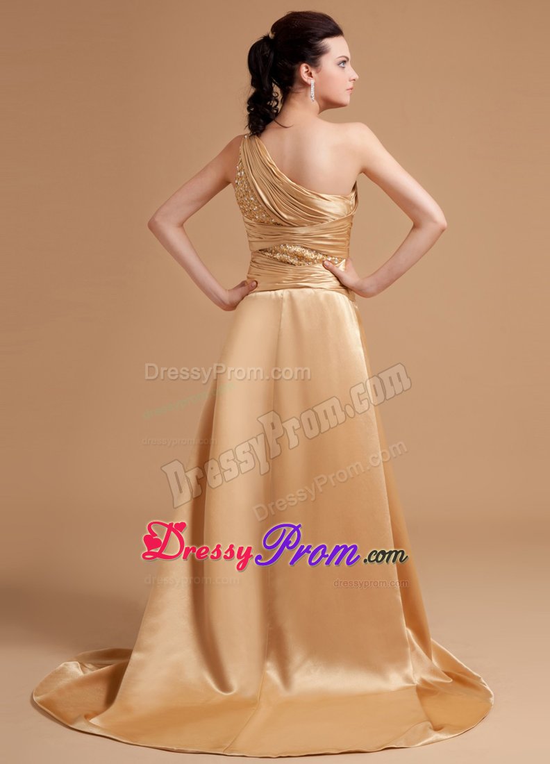 One Shoulder Beaded Slitted Champagne Prom Dress for Girls