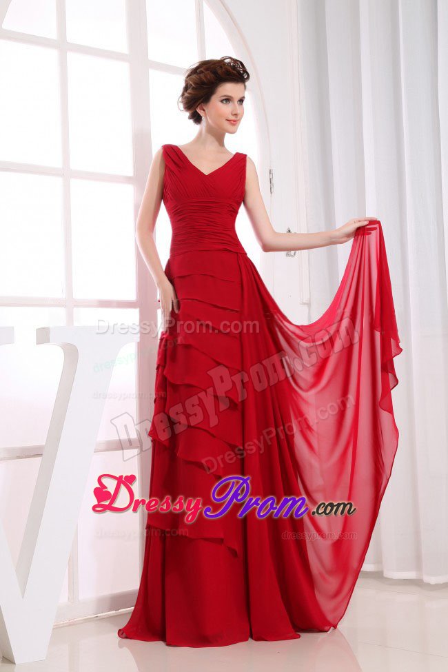 Ruched V-neck Chiffon Floor Length Prom Cocktail Dress in Wine Red