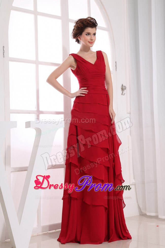 Ruched V-neck Chiffon Floor Length Prom Cocktail Dress in Wine Red