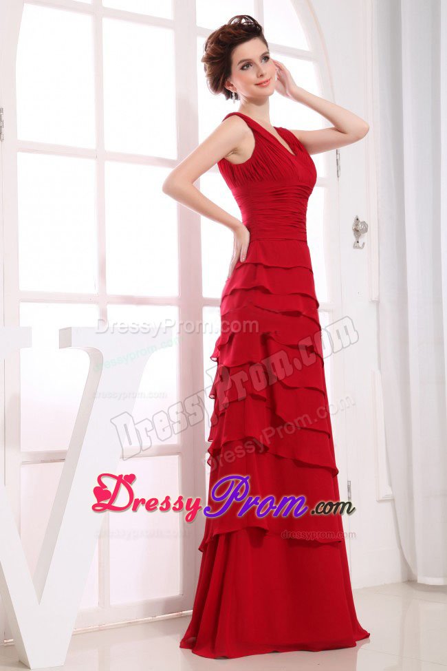 Ruched V-neck Chiffon Floor Length Prom Cocktail Dress in Wine Red
