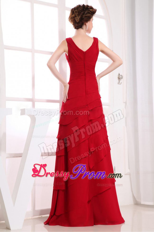 Ruched V-neck Chiffon Floor Length Prom Cocktail Dress in Wine Red