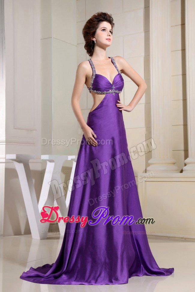 Beaded Straps Purple Dress for Prom with Crisscross Back
