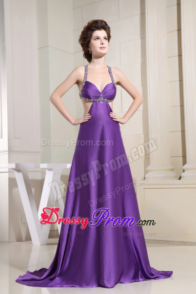 Beaded Straps Purple Dress for Prom with Crisscross Back